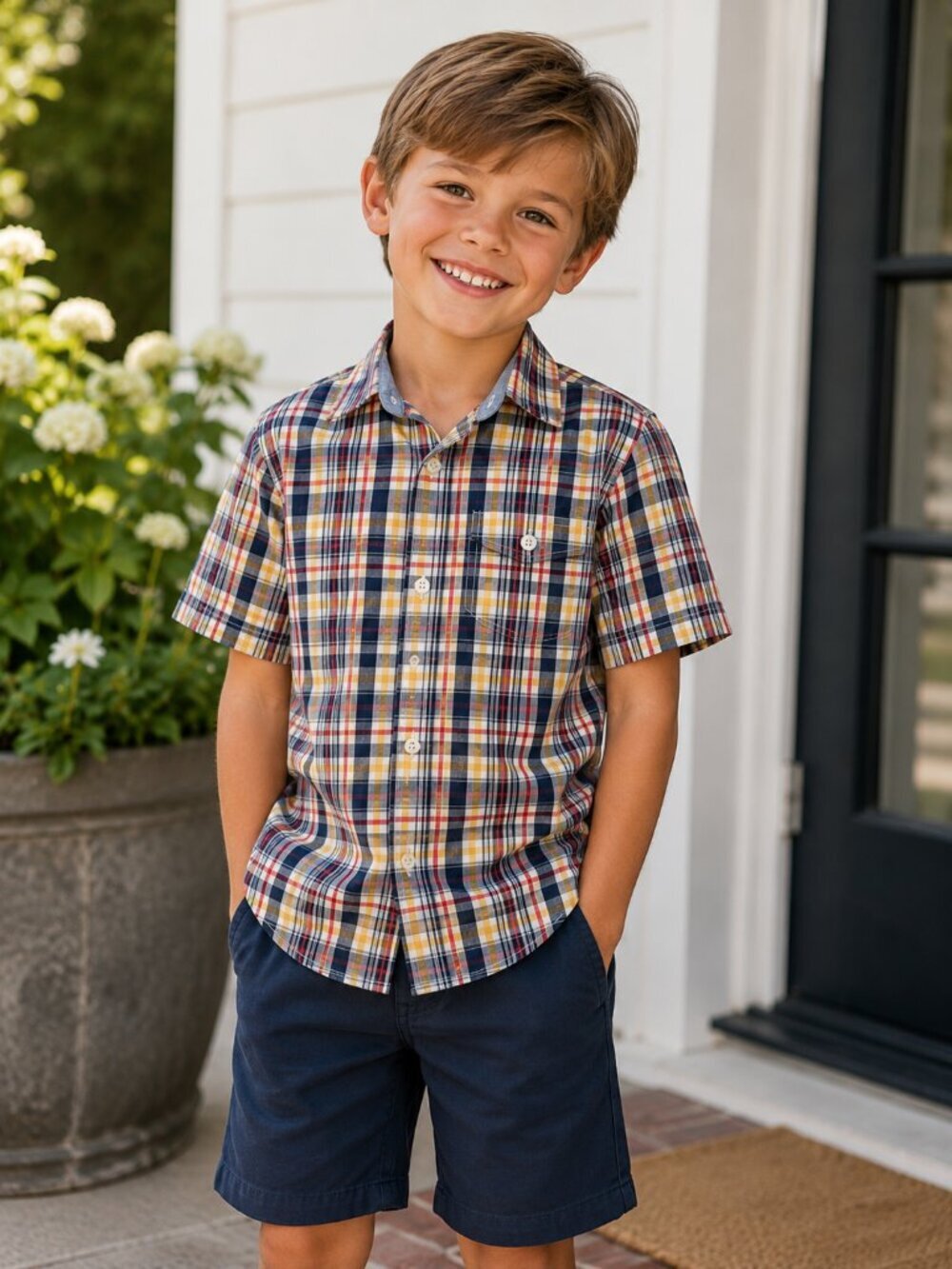 Tommy Hilfiger Boys Size 7 Plaid Short Sleeve Button-Down Shirt | Classic Preppy
